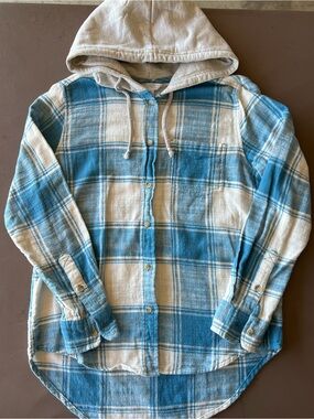 Button-Front Plaid Hooded Shirt - Blue Cream